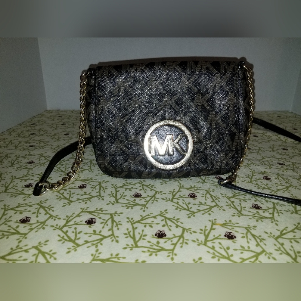 Michael Kors Brown MK Logo Crossbody Bag Gold Chain Small Brown Purse - Picture 8 of 10
